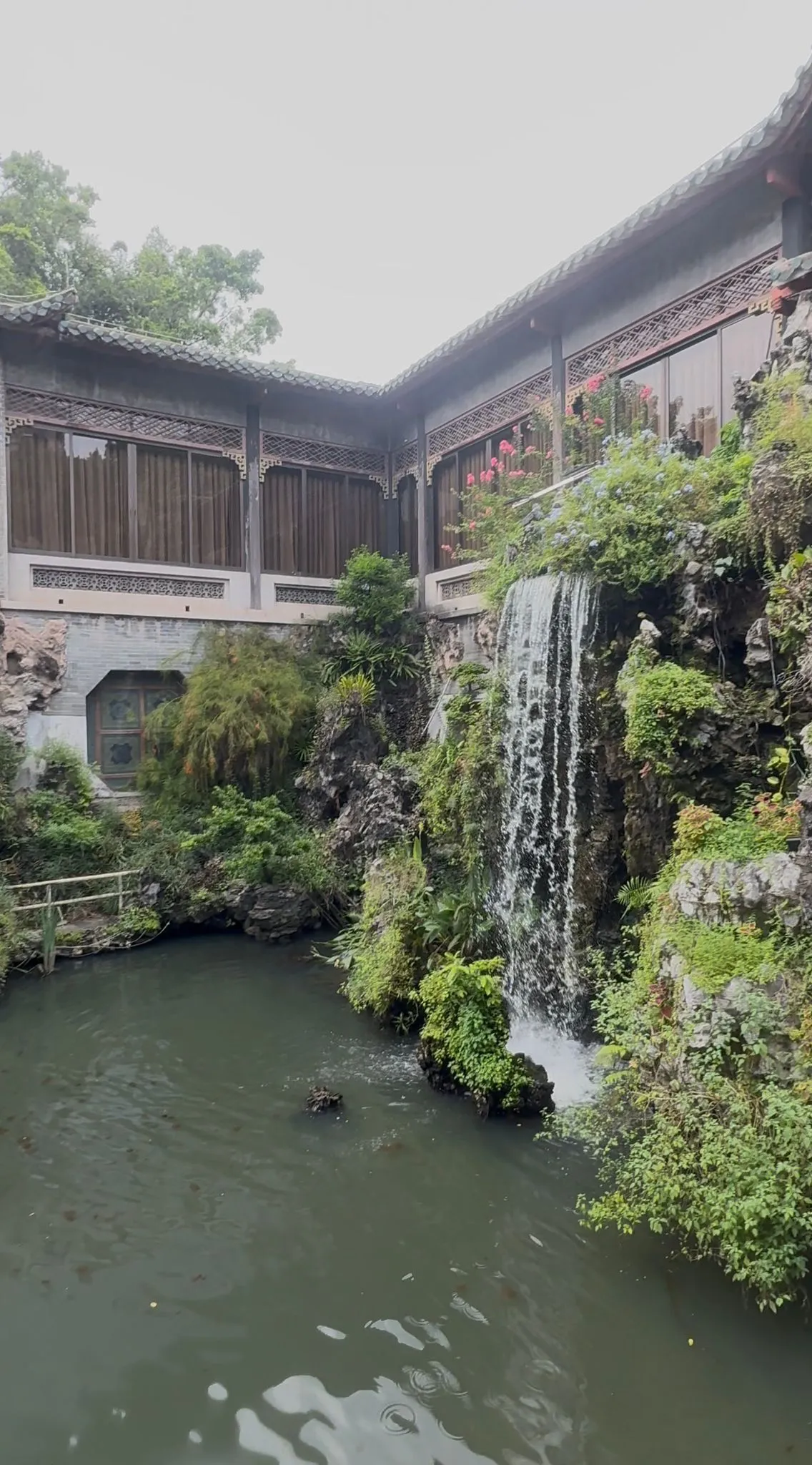 由湖邊望向酒家：綠色湖水佔咗畫面下半，右邊假山有一道人工瀑布沖落湖，石上長滿蕨類同灌木；上半係兩層嶺南式建築，灰瓦簷、木花格窗同一條沿住湖轉角嘅曲廊，簷邊掛住粉紅同淺藍嘅花